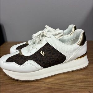 Michael Kors White, Brown & Gold MK Logo Platform Sneaker
